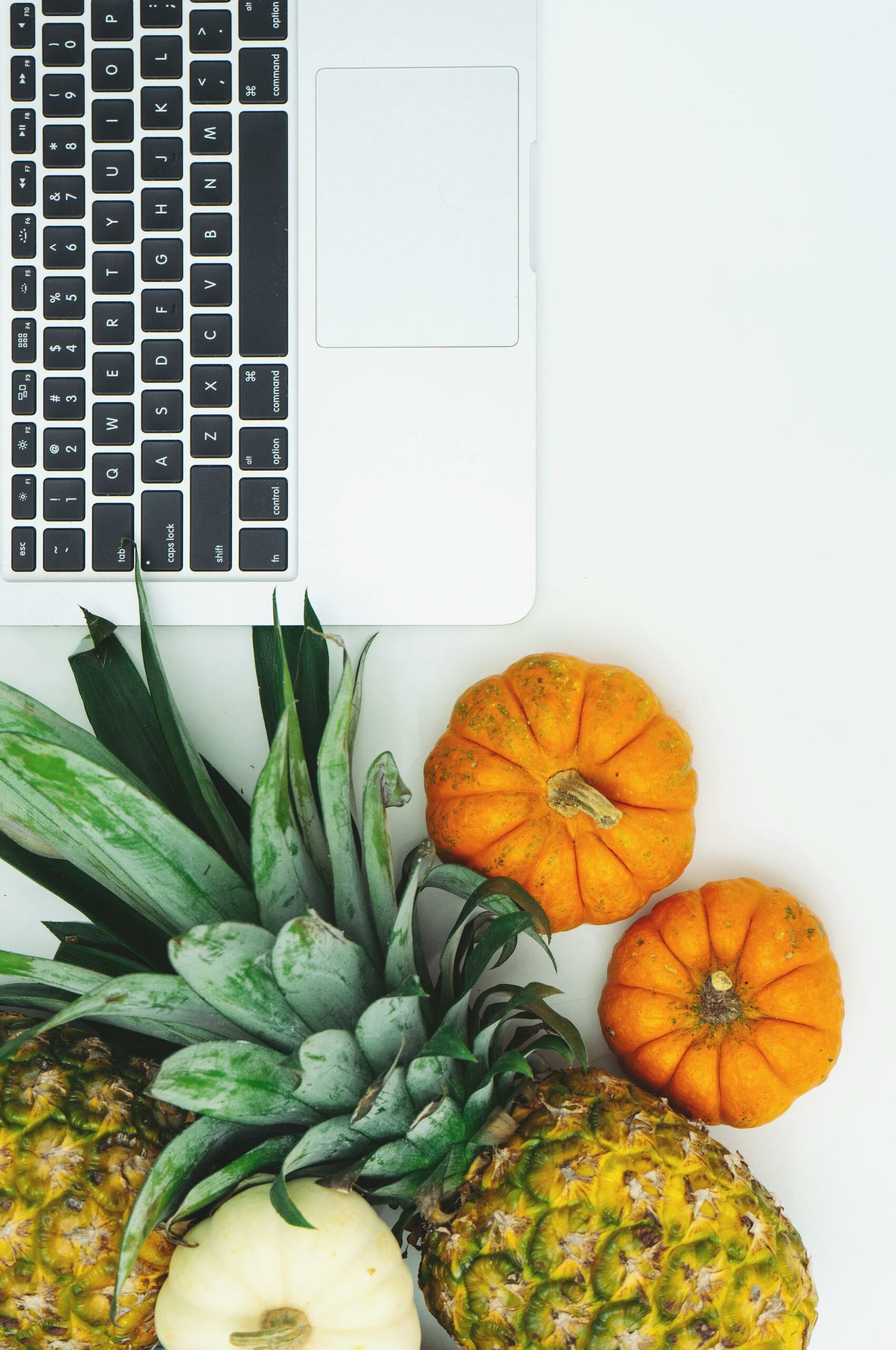 A top view of pineapples, pumpkins, and a laptop on a clean white background.