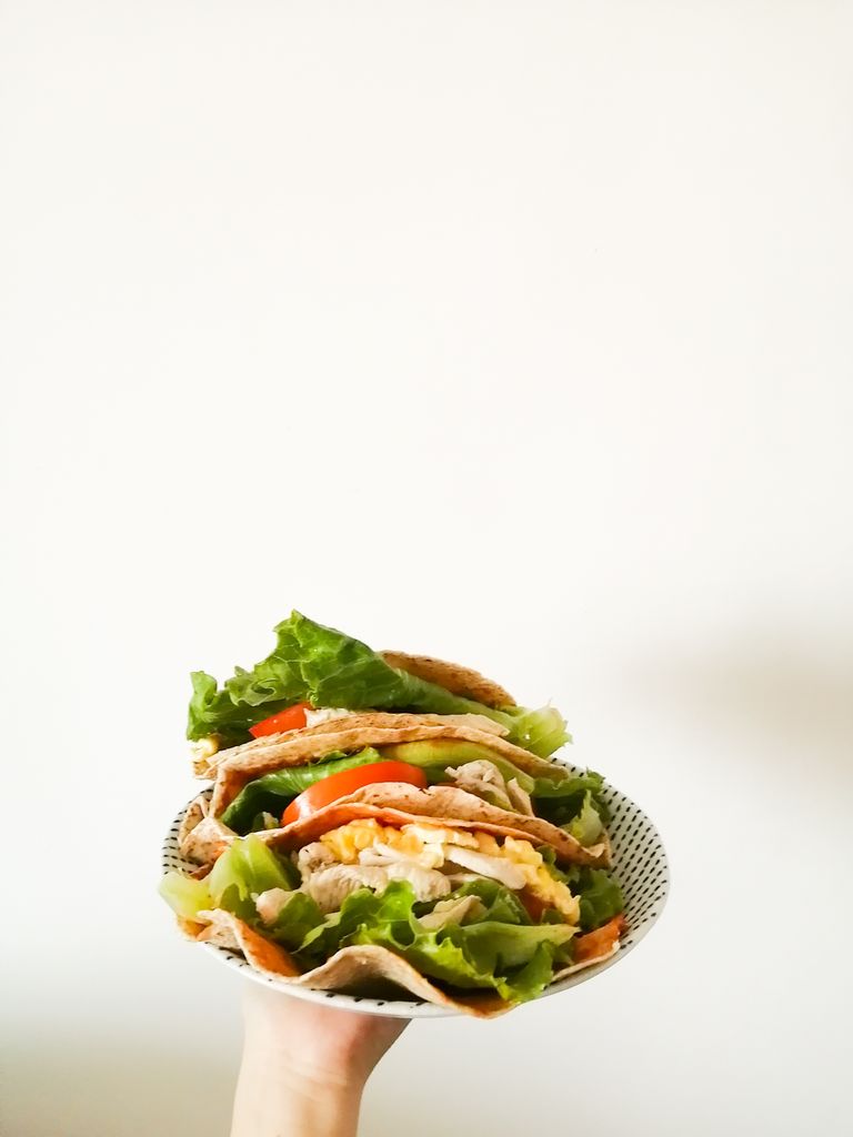 Hand holding a plate of fresh vegetable wraps against a white background, ideal for healthy eating concepts.