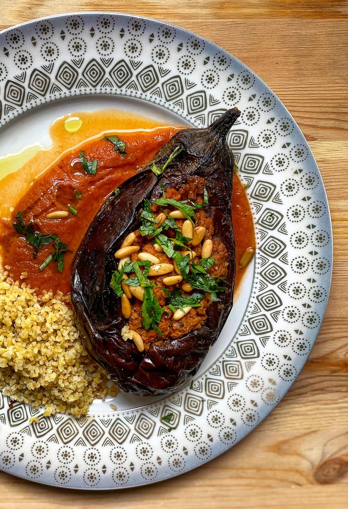Stuffed aubergine dish with pine nuts served in Paris showcases Turkish cuisine.